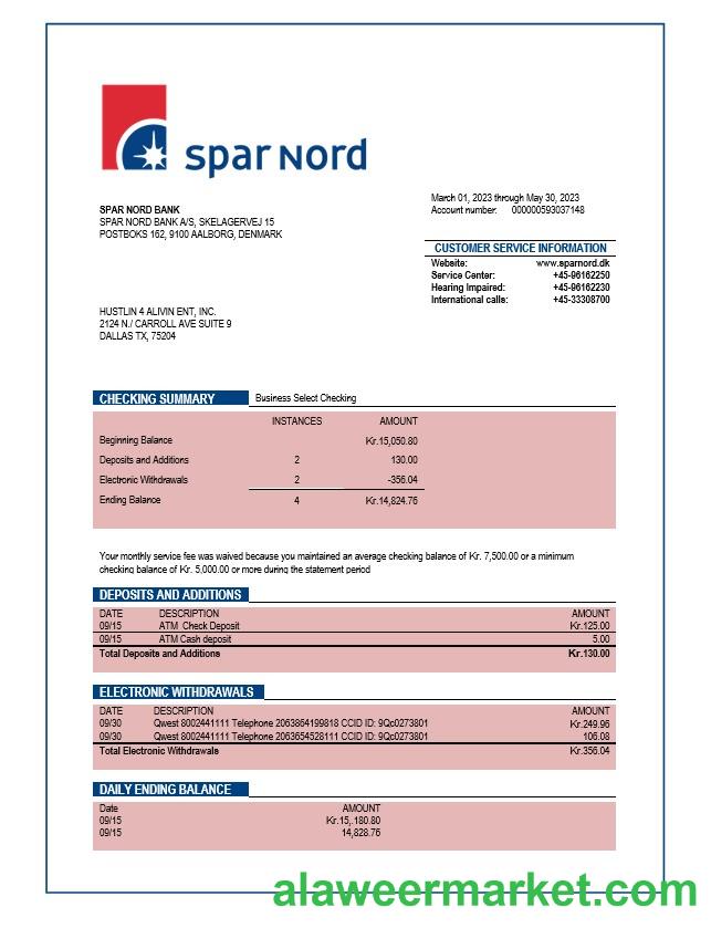 Spar Nord Bank company checking account statement Word and PDF template